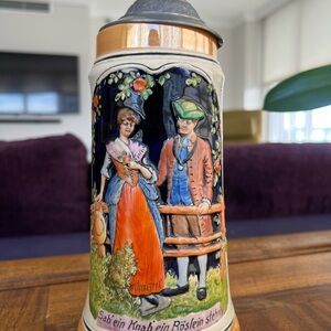 Vintage German Beer Stein with Pewter Lid – Romantic Courting Scene